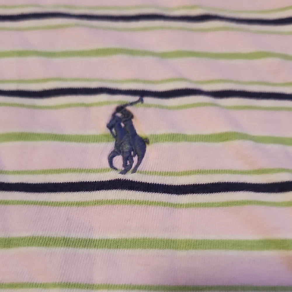 Ralph Lauren Polo Shirt - White with Blue, Green and Pink Stripes